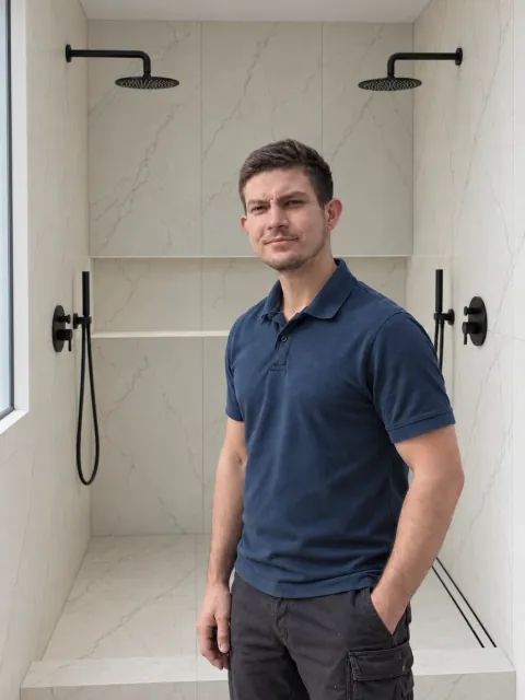 Dan Bgatov wearing a navy work polo against pale tile.